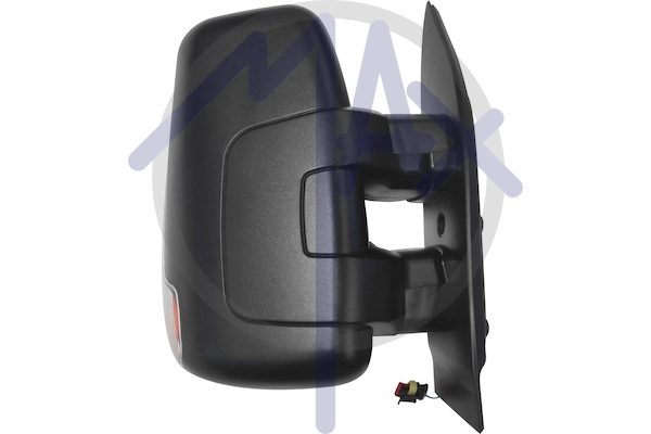 Specchietto retrovisore esterno destro, regolazione a cavi, calotta nera, con freccia 16W, vetro convesso cromato, doppio vetro, braccio corto, 2 pin