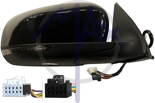 Specchietto retrovisore esterno destro, elettrico, calotta nera verniciabile, con freccia, con luce di cortesia, ripiegabile elettricamente, con memoria, vetro asferico cromato riscaldato, 6+9 pin