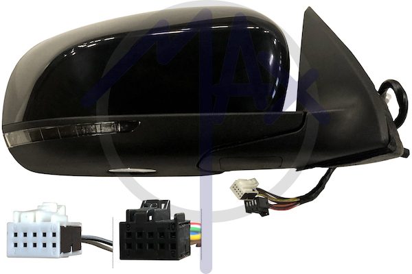 Specchietto retrovisore esterno destro, elettrico, calotta nera verniciabile, con freccia, con luce di cortesia, ripiegabile elettricamente, vetro asferico cromato riscaldato, 9+2 pin