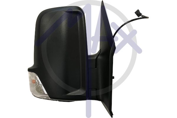 Specchietto retrovisore esterno destro, regolazione a cavi, calotta nera, con freccia 16W, vetro convesso cromato, doppio vetro, cavo lungo, 2 pin