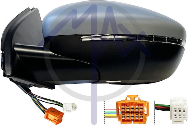 Specchietto retrovisore esterno sinistro, elettrico, calotta da verniciare, con freccia, con luce di cortesia, ripiegabile elettricamente, con sistema BLIS (angolo cieco), vetro convesso cromato riscaldato, 10+2 pin