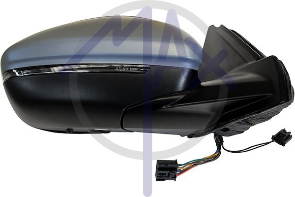 Specchietto retrovisore esterno destro, elettrico, calotta da verniciare, con freccia, con luce di cortesia, ripiegabile elettricamente, con sensore temperatura, vetro convesso cromato riscaldato, 10+2 pin
