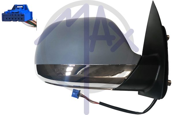 Specchietto retrovisore esterno destro, elettrico, calotta da verniciare, vetro convesso cromato riscaldato, connettore 6 fori 5 pin