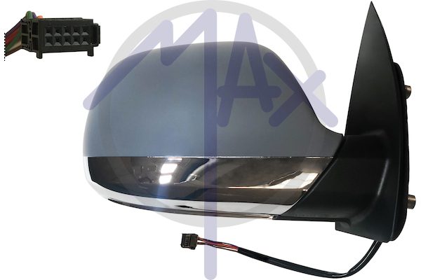 Specchietto retrovisore esterno destro, elettrico, calotta da verniciare, vetro convesso cromato riscaldato, connettore 10 fori 5 pin