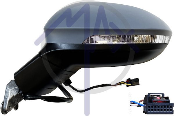 Exterior rear-view mirror left, electric, cap to be painted, with indicator, aspherical chrome heated glass, 6 pin