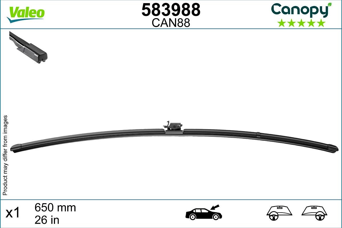 Tergicristalli VALEO CANOPY 583988650 mm, Spazzole flat blade, con spoiler, 30 Pollici