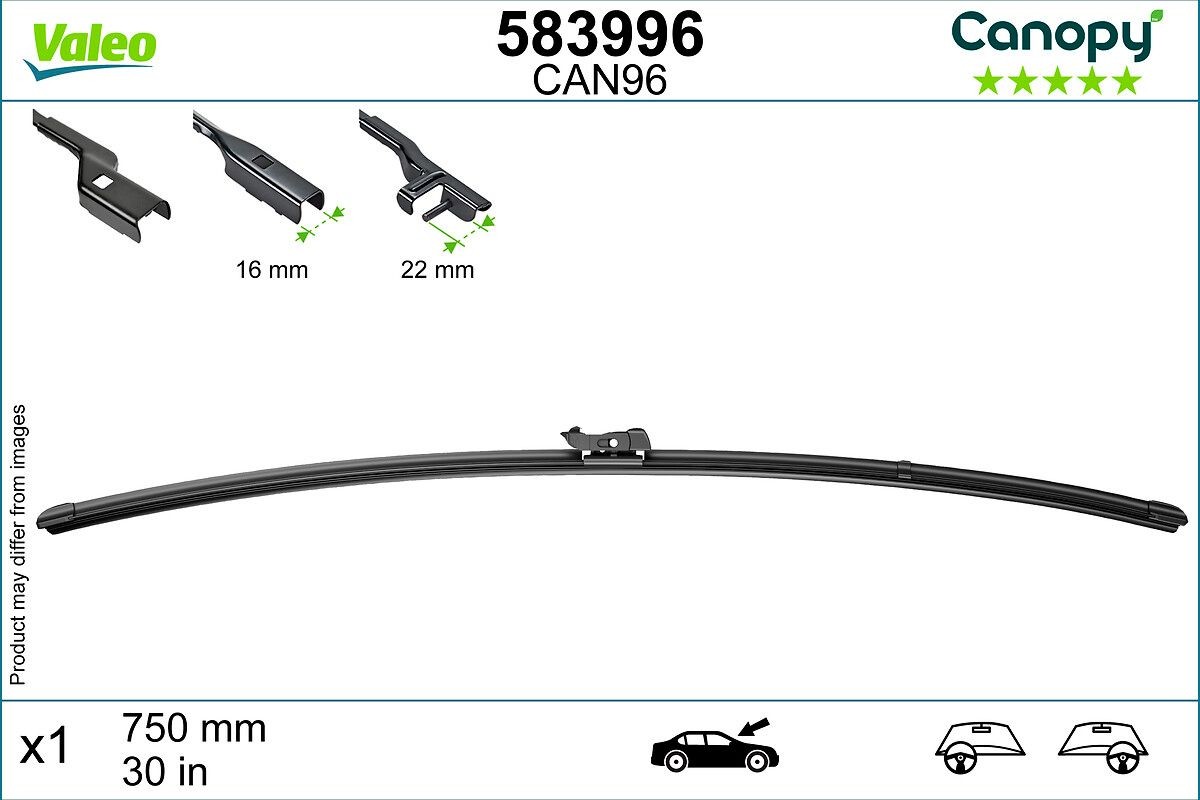 Tergicristalli VALEO CANOPY 58399 6750 mm, Spazzole flat blade, con spoiler, 30 Pollici