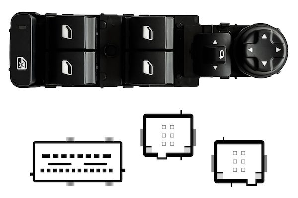 Pulsantiera alzacristalli porta anteriore sinistra, per retrovisori elettrici non ripiegabili elettricamente, per alzacristalli posteriori elettrici, 4 tasti, 20 pin