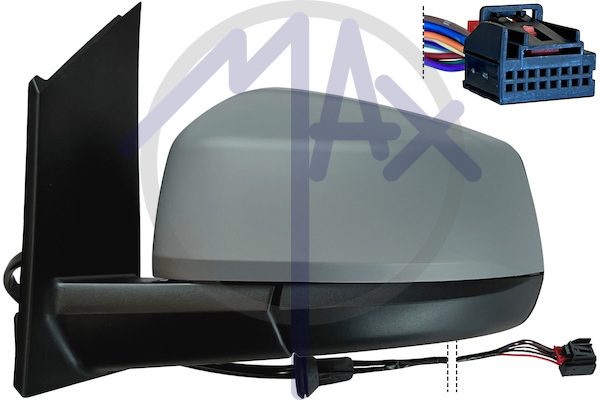 Specchietto retrovisore esterno sinistro, elettrico, calotta da verniciare, ripiegabile elettricamente, vetro convesso cromato riscaldato, 7 pin