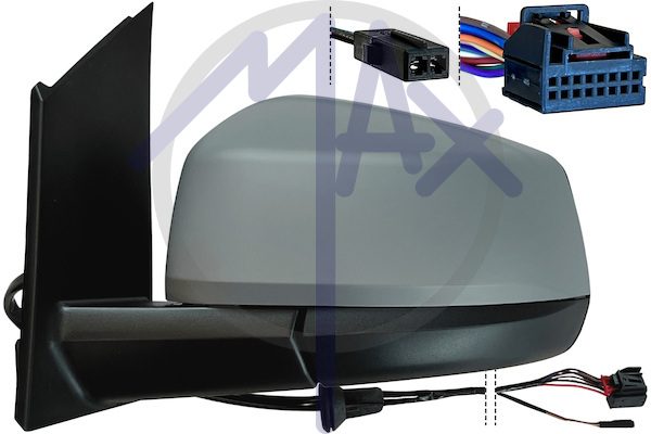 Specchietto retrovisore esterno sinistro, elettrico, calotta da verniciare, ripiegabile elettricamente, con Side Assist (angolo cieco), vetro convesso cromato riscaldato, 7+2 pin