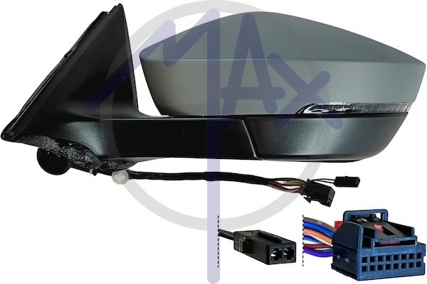 Specchietto retrovisore esterno sinistro, elettrico, calotta da verniciare, con freccia, ripiegabile elettricamente, con Side Assist (angolo cieco), vetro convesso cromato riscaldato, 10+2 pin