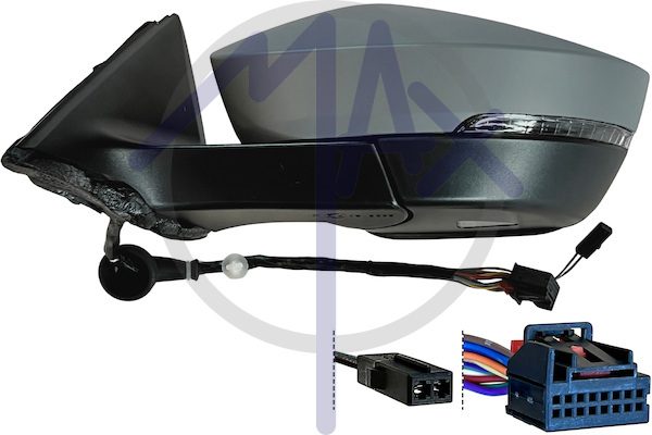Specchietto retrovisore esterno sinistro, elettrico, calotta da verniciare, con freccia, con luce di cortesia, ripiegabile elettricamente, con memoria, con Side Assist (angolo cieco), vetro convesso cromato riscaldato, 15+2 pin