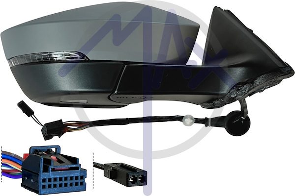Specchietto retrovisore esterno destro, elettrico, calotta da verniciare, con freccia, con luce di cortesia, ripiegabile elettricamente, con memoria, con Side Assist (angolo cieco), vetro convesso cromato riscaldato, 15+2 pin