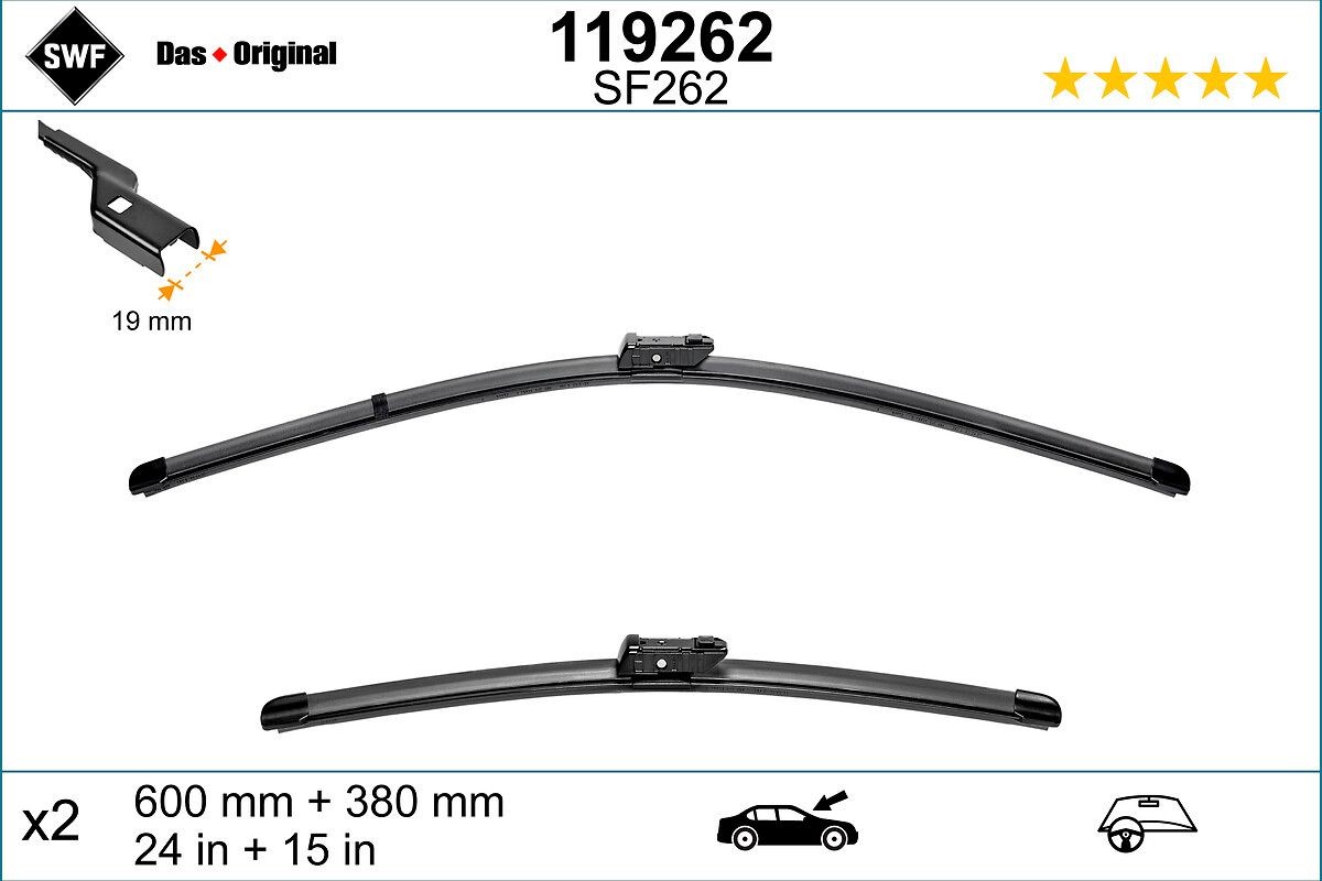 Tergicristalli 600, 380 mm anteriore, Senza telaio, con spoiler