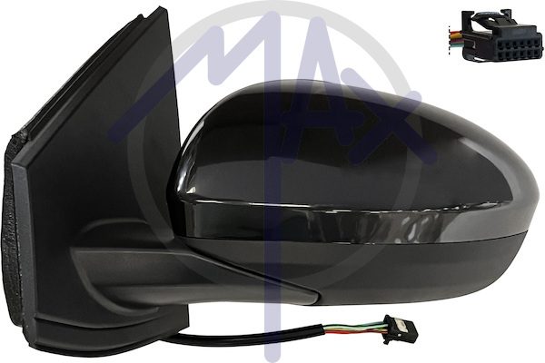 Specchietto retrovisore esterno sinistro, regolazione a cavi, calotta nera verniciabile, vetro convesso cromato riscaldato, 5 pin