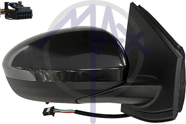 Specchietto retrovisore esterno destro, regolazione a cavi, calotta nera verniciabile, con sistema BLIS (angolo cieco), vetro convesso cromato riscaldato, 9 pin